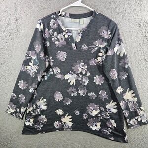 LOGO Lounge Lori Goldstein Floral French Terry Top Notched Neck Pockets Gray S